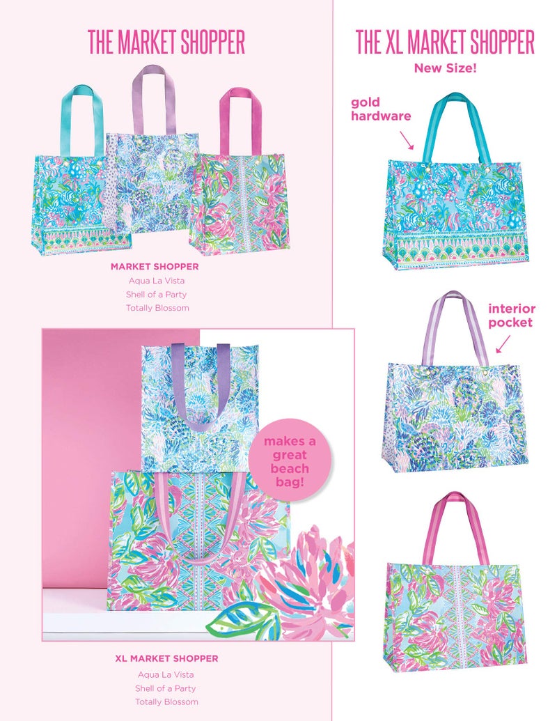 Lilly Pulitzer Pink/Green Market Shopper Bag, Reusable Grocery Tote with Comfortable Shoulder Straps, Totally Blossom - Image 4